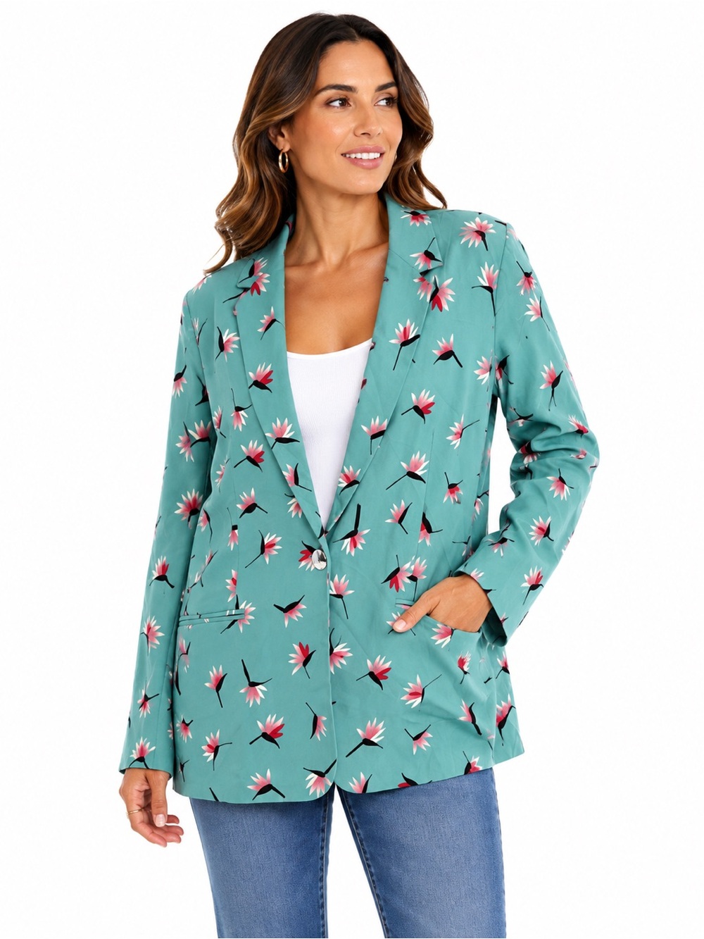 NWT EsQualo Turquoise Floral Print Blazer Women’s Size 10 Statement Jacket $180